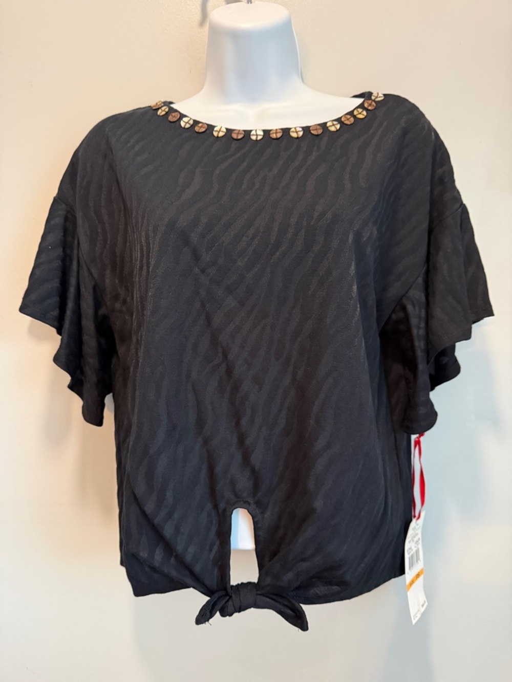 Ruby Rd. Black Tie-Front Top with Embellished Neckline-Petite